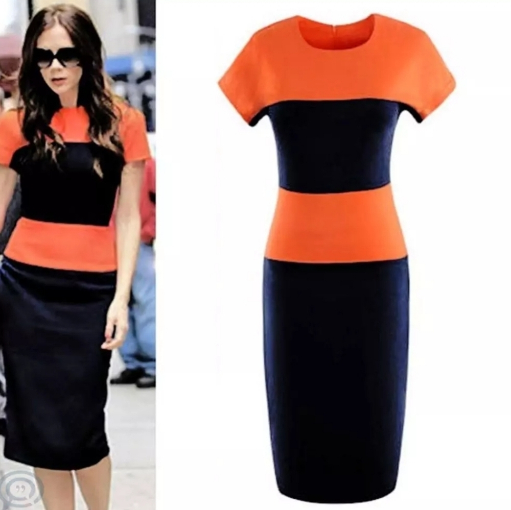 NWT Vintage Short Cap Sleeve Color Block Midi Slim Pencil Dress XXL